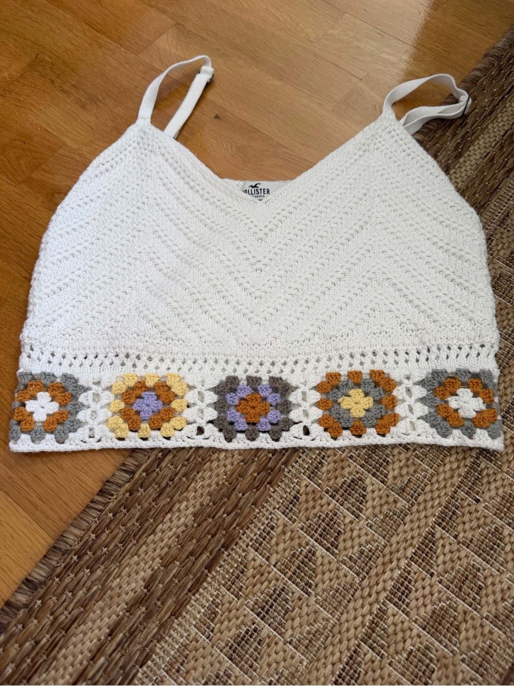 Hollister White Crochet Crop Tank with Multicolor Granny Square Trim
